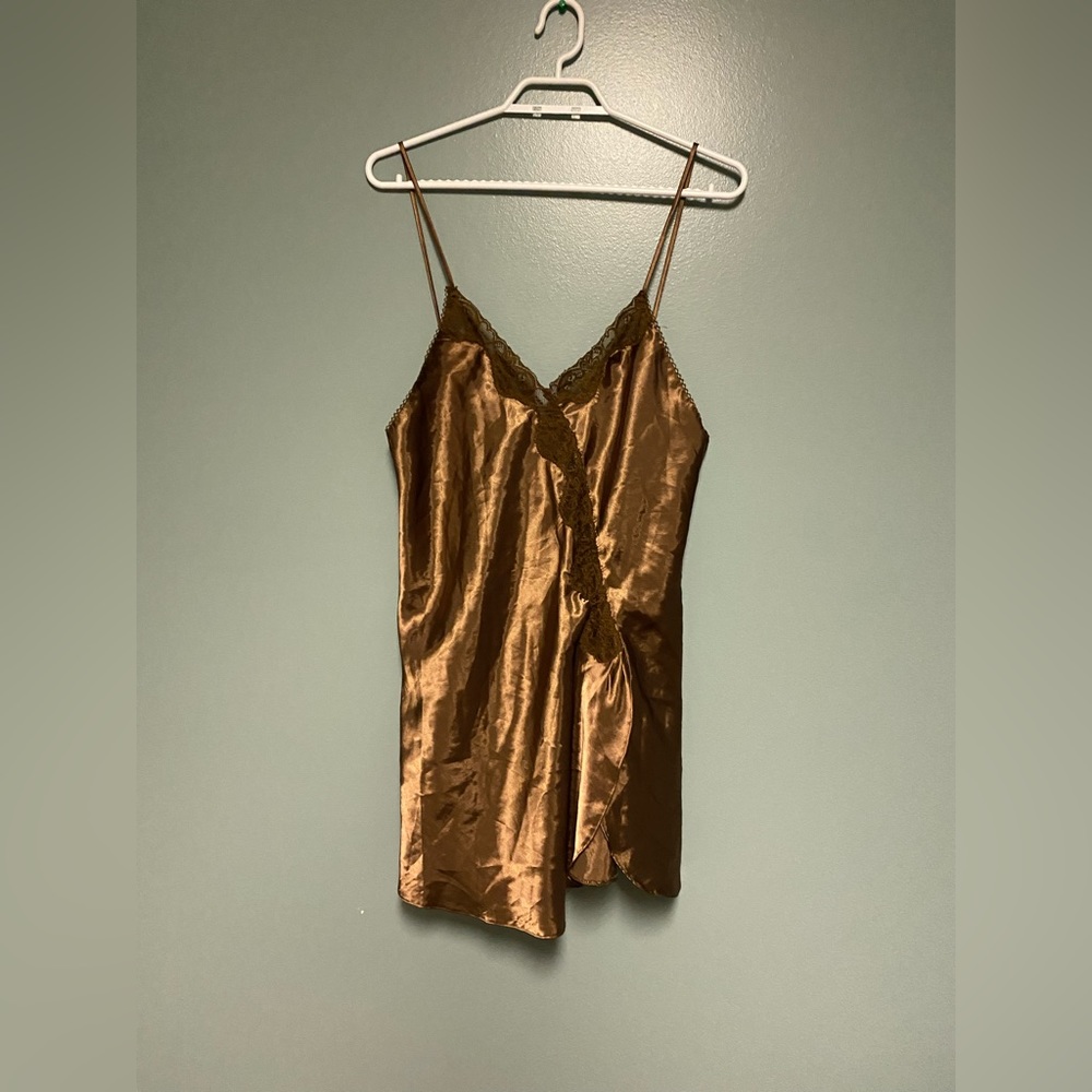 Vintage 90’s Brown Silk Slip Mini Dress Top with Spaghetti Straps and Lace